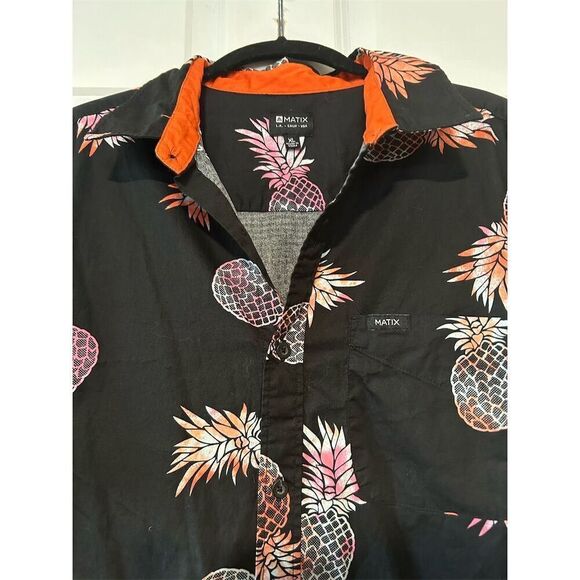 Matix Men's Pineapple Print Short Sleeve Button-Up Shirt Black XL - Picture 2 of 6